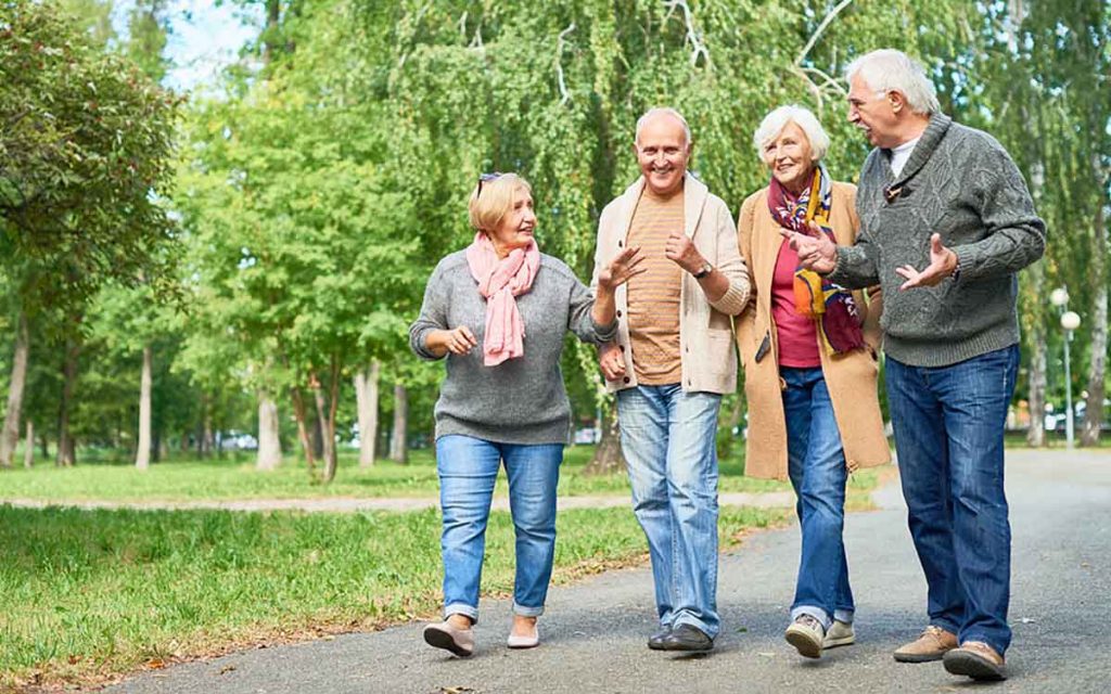 Four older adults walk together in a park on a paved path, smiling and talking. They wear casual clothes and light jackets. Green trees and grass surround them on a bright day.