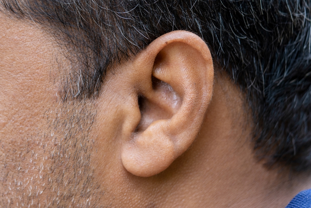 Close-up of a persons ear and part of their cheek and jaw, showing short hair with some gray strands, and stubble on the skin. The person’s skin tone is medium brown.
